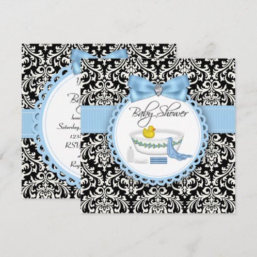 Zwart en blauw Damask Bad Time Baby shower Kaart (Voorkant / Achterkant)