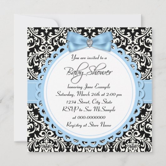 Zwart en blauw Damask Bad Time Baby shower Kaart (Achterkant)
