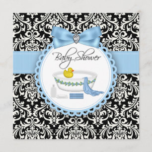 Zwart en blauw Damask Bad Time Baby shower Kaart