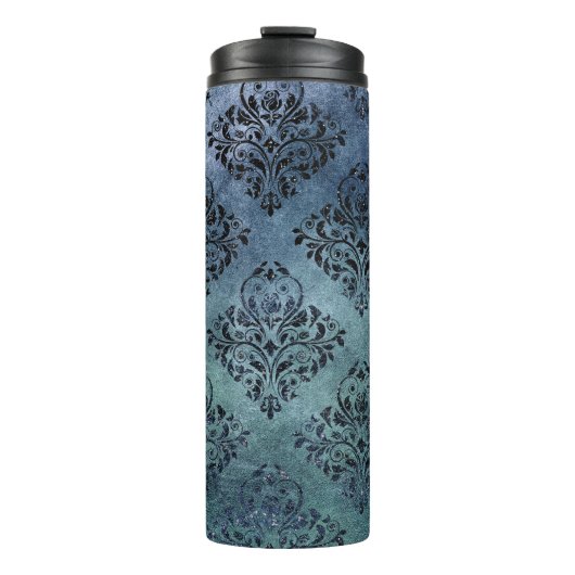 Zwart en Blauw Damask Thermosbeker (Voorkant)