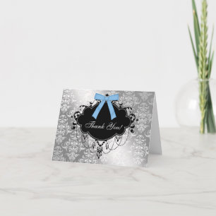 Zwart en blauw damasten babyshower bedankkaart