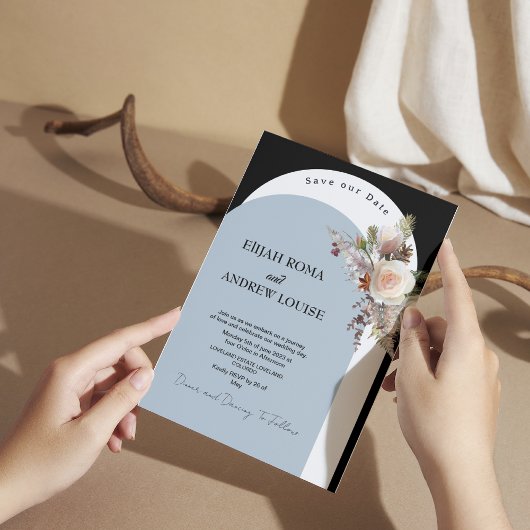 Zwart en blauw Elegant Boho Boog Huwelijk Kaart