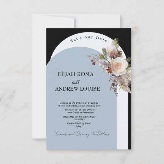 Zwart en blauw Elegant Boho Boog Huwelijk Kaart (Voorkant)