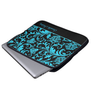 Zwart en blauw  Floral Damascus-Mnogram Laptop Sleeve