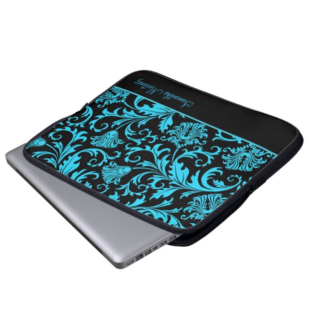 Zwart en blauw  Floral Damascus-Mnogram Laptop Sleeve (Voorkant onderkant)