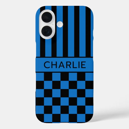 Zwart en Blauw Geruit Gestreept Gepersonaliseerd Case-Mate iPhone Case (Achterkant)