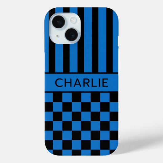 Zwart en Blauw Geruit Gestreept Gepersonaliseerd Case-Mate iPhone Case (Achterkant)