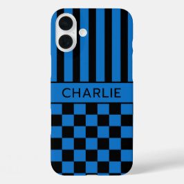 Zwart en Blauw Geruit Gestreept Gepersonaliseerd iPhone 16 Plus Hoesje
