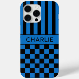 Zwart en Blauw Geruit Gestreept Gepersonaliseerd iPhone 15 Pro Max Hoesje