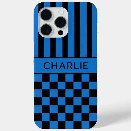 Zwart en Blauw Geruit Gestreept Gepersonaliseerd Case-Mate iPhone Case (Achterkant)