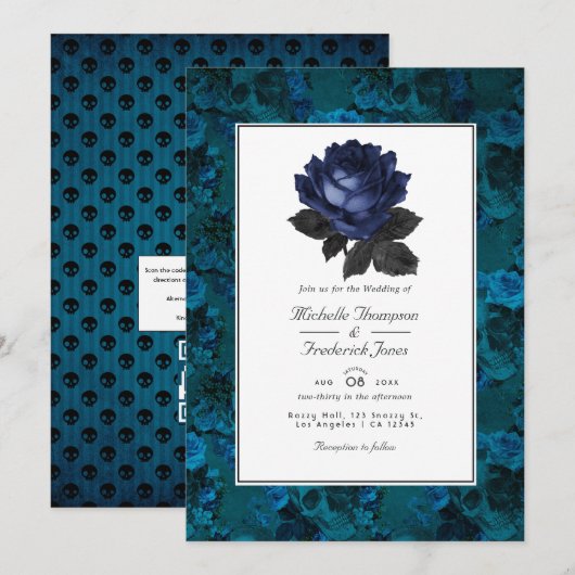 Zwart en Blauw Gotische Bloemencode met QR Code RS Kaart (Voorkant / Achterkant)