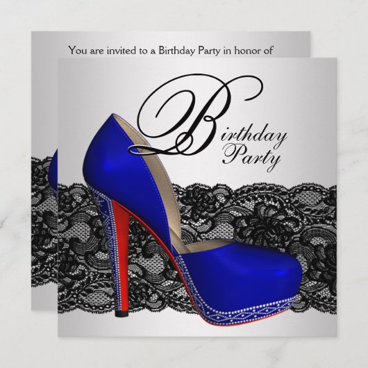 Zwart en blauw hoge hak schoen verjaardagsfeestje kaart (Voorkant / Achterkant)