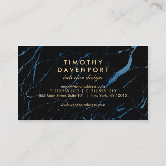 Zwart en Blauw Marmer met Faux Gold Tekst II Visitekaartje (Achterkant)