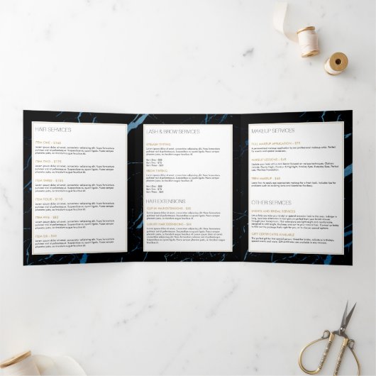 Zwart en blauw marmeren salon of productbrochure drieluik kaart (Binnen)