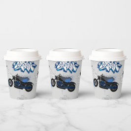 Zwart en blauw motorfiets grijs papieren bekers