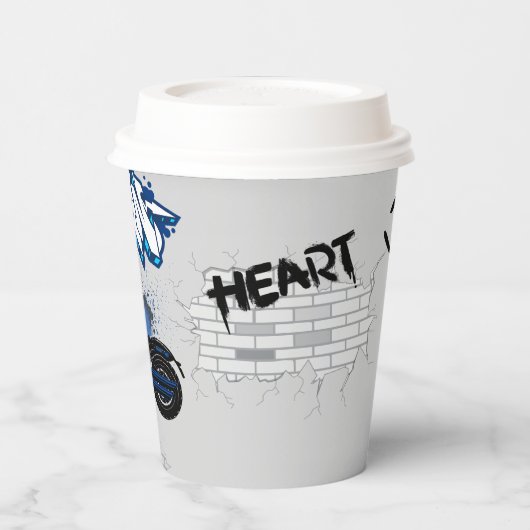 Zwart en blauw motorfiets grijs papieren bekers (Links)