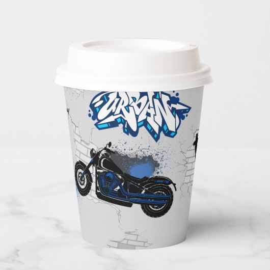 Zwart en blauw motorfiets grijs papieren bekers (Voorkant)