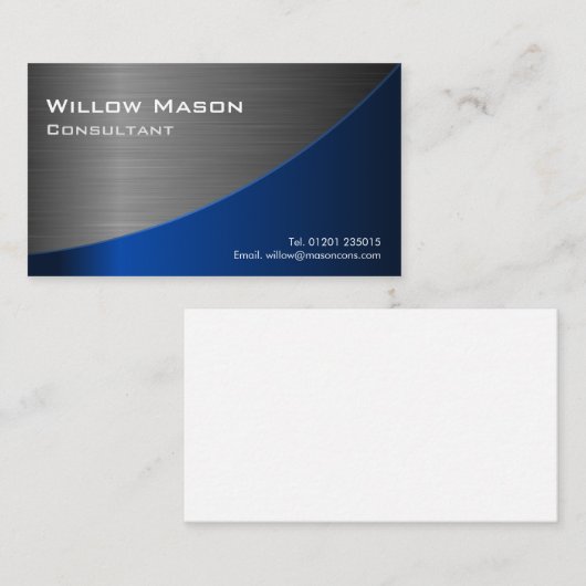 Zwart en blauw roestvrij staal, gebogen, Visitekaa Visitekaartje (Voorkant / Achterkant)