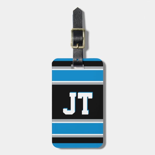 Zwart en blauw sportStripes gepersonaliseerd Bagagelabel (Voorkant verticaal)