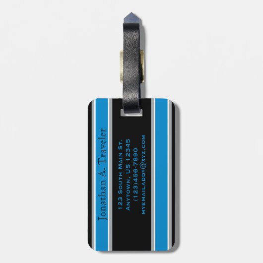 Zwart en blauw sportStripes gepersonaliseerd Bagagelabel (Achterkant verticaal)