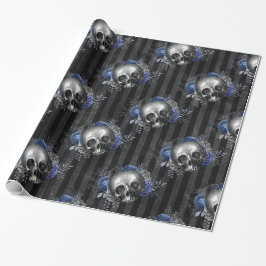 Zwart en Blauw Vintage Grunge Bloem Motief Schedel Cadeaupapier