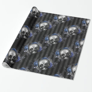 Zwart en Blauw Vintage Grunge Bloem Motief Schedel Cadeaupapier
