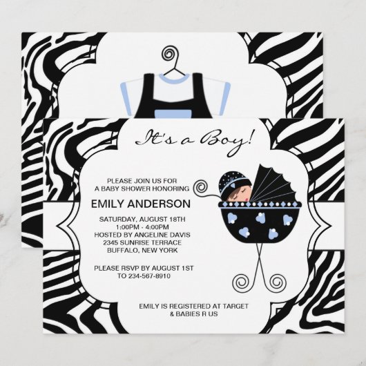 Zwart en blauw Zebra Baby Boy Shower Kaart (Voorkant / Achterkant)