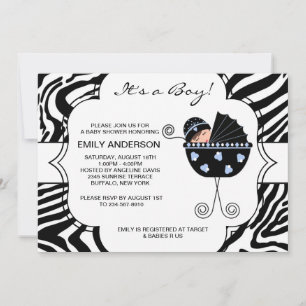 Zwart en blauw Zebra Baby Boy Shower Kaart