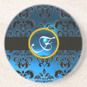 ZWART EN BLAUWE DAMAST Saffier Monogram Zandsteen Onderzetter