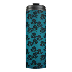 Zwart en blauwe rozenpatroon thermosbeker