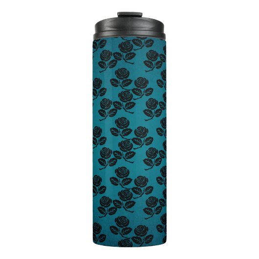 Zwart en blauwe rozenpatroon thermosbeker (Voorkant)
