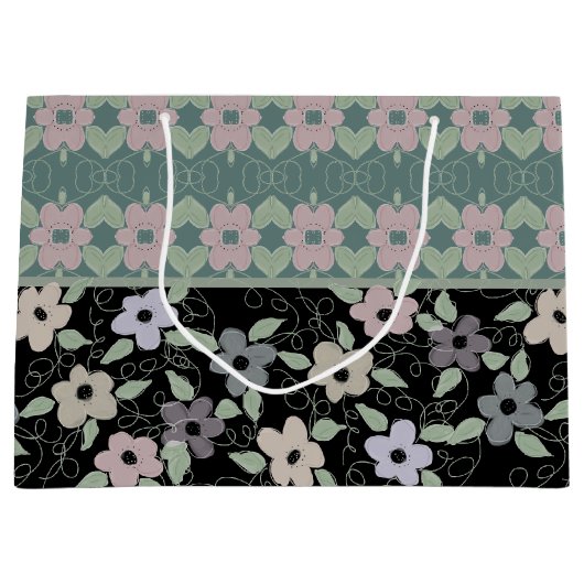 Zwart en Blauwgroen bloemig geschenkzakje Groot Cadeauzakje (Voorkant)