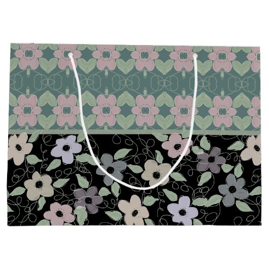 Zwart en Blauwgroen bloemig geschenkzakje Groot Cadeauzakje (Achterkant)