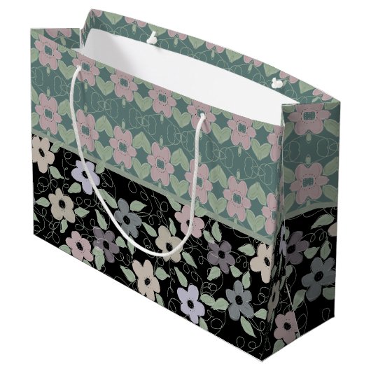 Zwart en Blauwgroen bloemig geschenkzakje Groot Cadeauzakje (Achterkant Gekanteld)