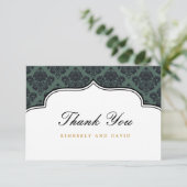 Zwart en Blauwgroen Damask Label Bedankkaart (Staand voorkant)
