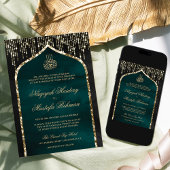 Zwart en Blauwgroen Glitter Arch Muslim Wedding Kaart