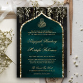 Zwart en Blauwgroen Glitter Arch Muslim Wedding Kaart