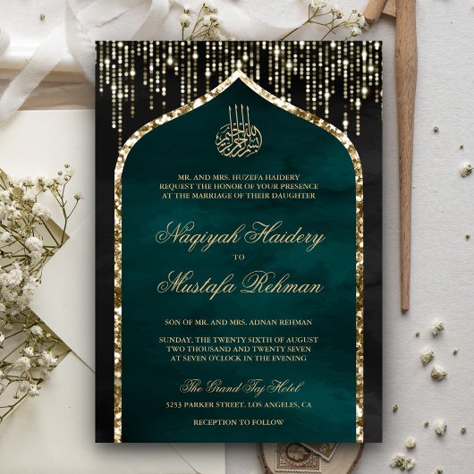 Zwart en Blauwgroen Glitter Arch Muslim Wedding Kaart