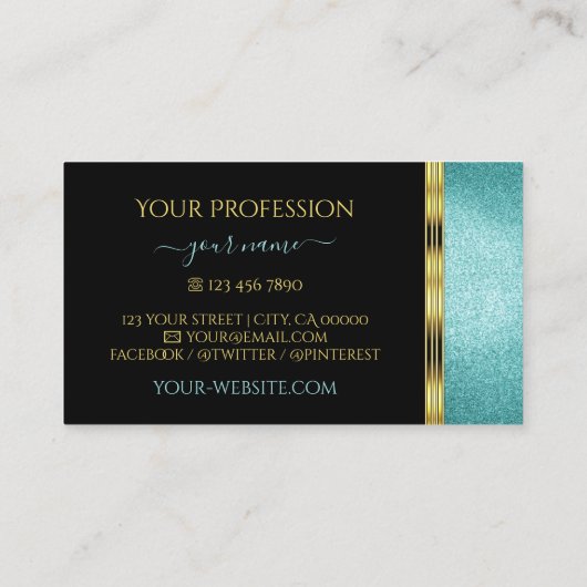 Zwart en Blauwgroen Glitter Gold Border  Decor Visitekaartje (Achterkant)