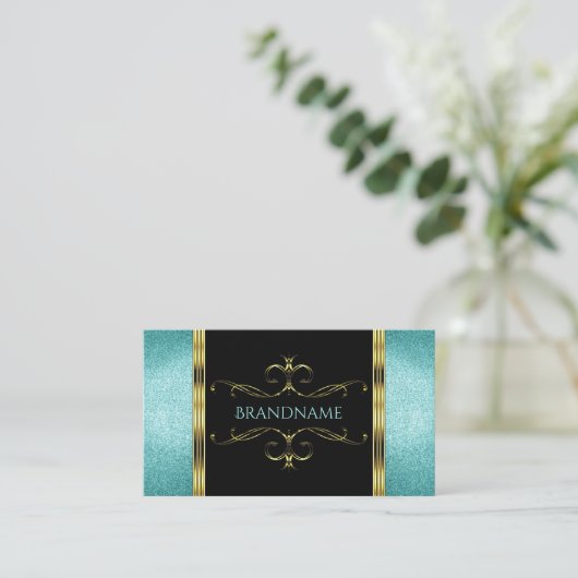 Zwart en Blauwgroen Glitter Gold Border  Decor Visitekaartje (Staand voorkant)