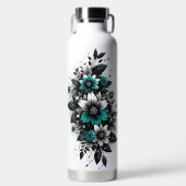 Zwart en Blauwgroen Glittery floral Waterfles (Voorkant)