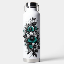 Zwart en Blauwgroen Glittery floral Waterfles