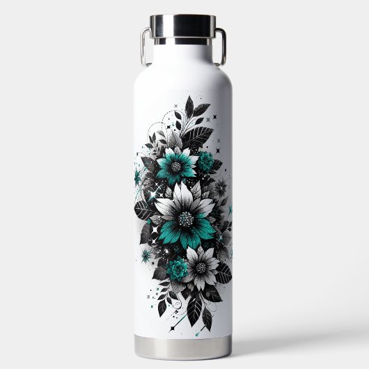 Zwart en Blauwgroen Glittery floral Waterfles (Voorkant)