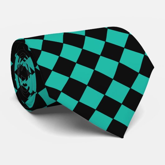 Zwart en Blauwgroen Harlequin Diamond Checked Patt Stropdas (Opgerold)