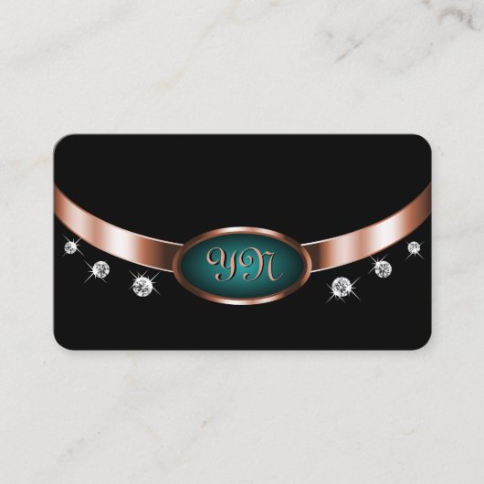 Zwart en Blauwgroen met Roos Gold Effect Monogramm Visitekaartje (Voorkant)