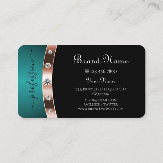 Zwart en Blauwgroen met Roos Gold Effect Monogramm Visitekaartje (Achterkant)