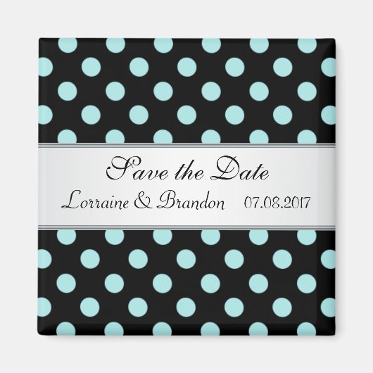 Zwart en blauwgroen Polka dots Bruiloft Save the D Magneet (Voorkant)