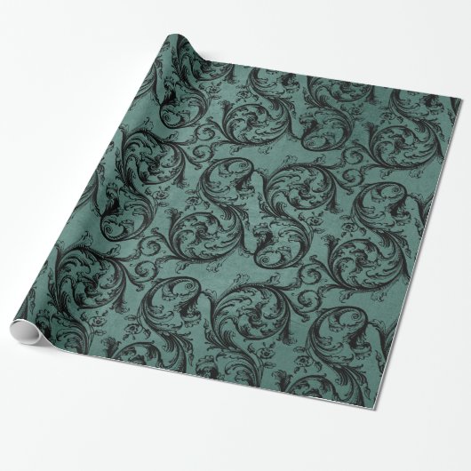 Zwart en Blauwgroen  sierpatroon Cadeaupapier (Uitgerold)