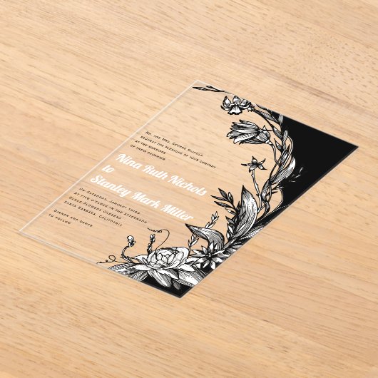 Zwart en bloemen, typografie bloemenbruiloft acryl uitnodigingen (Laagn)