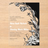 Zwart en bloemen, typografie bloemenbruiloft acryl uitnodigingen (Voorkant)